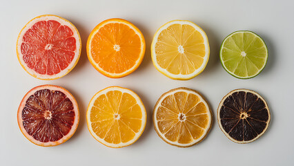 Obraz premium Variety of citrus fruits cut in half on a white surface