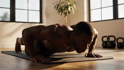A strong and determined African American man performs intense push-ups on a yoga mat during a challenging home workout session, showcasing his dedication to fitness and strength training in a sunlit .