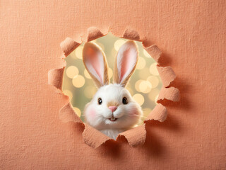 Adorable Easter Bunny Portrait Emerging from Torn Textured Sheet, Fluffy Rabbit Head Framed by Paper Breakthrough for Spring Holiday Happiness
