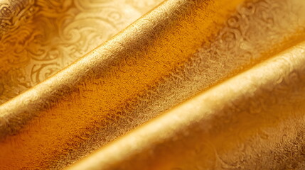 Close Up Texture of Wavy Golden Silk Fabric with Traditional Damask Pattern