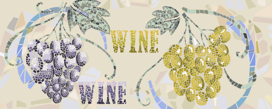 Grapes mosaic black and white. Hand drawn and placed pieces of tiles. Wall bunner vintage style. Pastel colors, original, interesting. &bdquo;Wine&ldquo; wird in mosaic.Vector.
