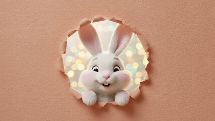 Adorable Easter Bunny Portrait Emerging from Torn Textured Sheet, Fluffy Rabbit Head Framed by Paper Breakthrough for Spring Holiday Happiness
