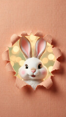 Adorable Easter Bunny Portrait Emerging from Torn Textured Sheet, Fluffy Rabbit Head Framed by Paper Breakthrough for Spring Holiday Happiness

