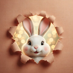 Adorable Easter Bunny Portrait Emerging from Torn Textured Sheet, Fluffy Rabbit Head Framed by Paper Breakthrough for Spring Holiday Happiness
