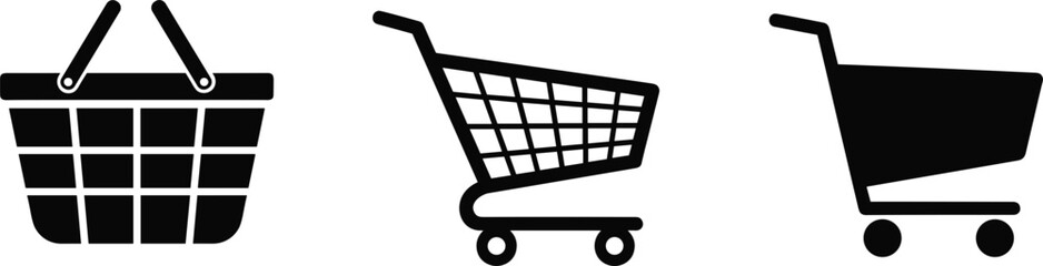 Shopping basket and grocery cart silhouette icons set, retail commerce symbols, market trolley vector collection for e-commerce web design on white background © Hey there