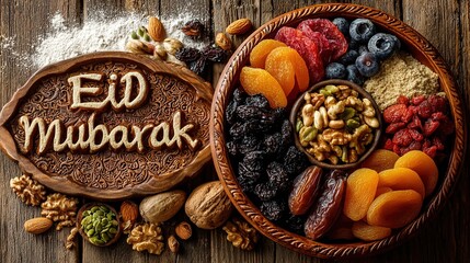 Eid Mubarak Pattern with Dried Fruits, Nuts, and Flour Dusting on Wooden Table Background