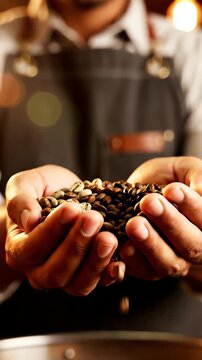 エプロンを着けた手に香り高い新鮮なコーヒー豆の山を持つプロのバリスタ