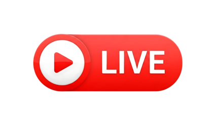Red live streaming button with play icon isolated on transparent background