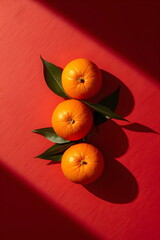 Top Down Flat Lay of Three Fresh Oranges with Leaves on Textured Red Background