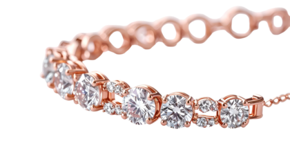 Close-up of a delicate rose gold bracelet with sparkling clear gemstones, set with alternating large and small stones