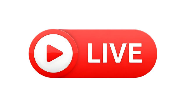 Red live streaming button with play icon isolated on transparent background