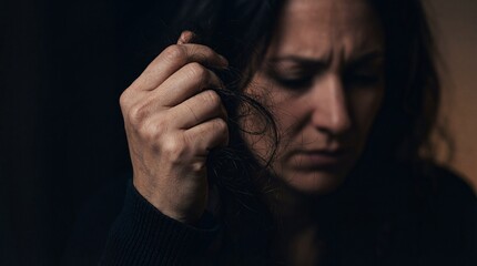 Dramatic woman holding clump of fallen hair expressing hair loss anxiety and stress