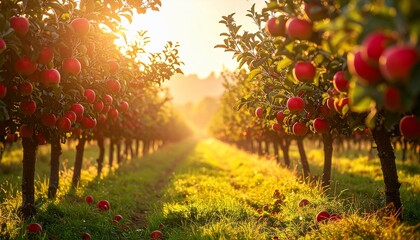 Rows of apple trees laden with red fruit, bathed in golden sunlight at dawn