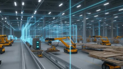 Automated warehouse with robotic vehicles and holographic data layers, conveying efficiency, logistics intelligence, and Industry 4.0 transformation. - Powered by Adobe