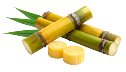 Close-up studio shot of sugarcane stalks, some whole, some cut, with green leaves, on a transparent background