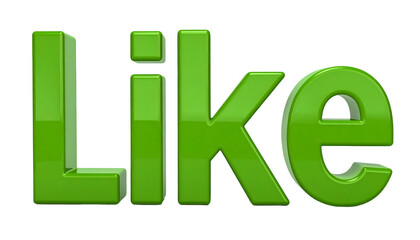 Glossy, three-dimensional green text spelling "Like" against a black background. The letters have a slight bevel effect