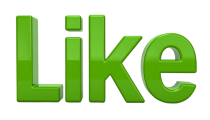 Glossy, three-dimensional green text spelling "Like" against a black background. The letters have a slight bevel effect