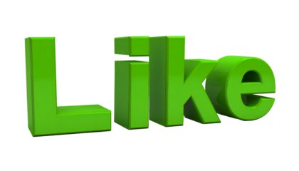 Glossy, three-dimensional green text spelling "Like" is set against a stark black backdrop. The letters cast subtle shadows
