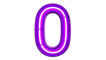 Illuminated numeral "0" glows with a vibrant purple neon light, encased by a bright white inner lining on a stark black background