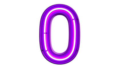 Illuminated numeral "0" glows with a vibrant purple neon light, encased by a bright white inner lining on a stark black background