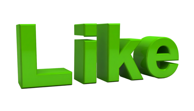 Glossy, three-dimensional green text spelling "Like" is set against a stark black backdrop. The letters cast subtle shadows - Powered by Adobe