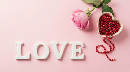 Love valentines day romance pink rose heart beads tender affection romantic gift layout on pastel background