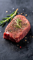 Raw beef steak seasoned with salt and pepper, garnished with rosemary sprigs
