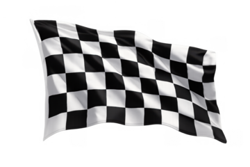 Checkered flag waving, representing racing finish line, success, and winning performance in competitive motor sports. Transparent background