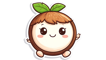 Cute Cartoon Coconut Character with Smiling Face and Green Leaves on Transparent Background