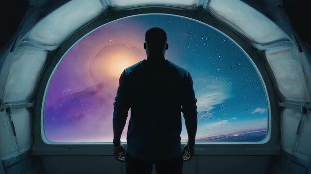 man observes cosmic scene through spacecraft window
