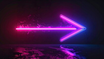 Illuminated neon arrow glows brightly against a dark background, pointing right, with a gradient of pink and blue