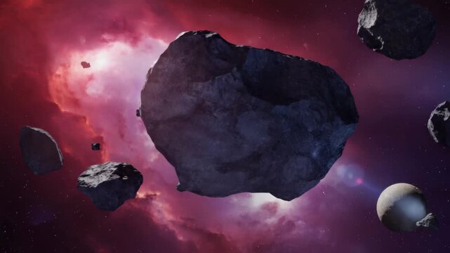 asteroid and rocky debris and fragments flying in red nebula cloud formation
