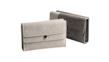 Two rectangular wallets of varying light and dark gray colors, both made of a suede-like material, resting on a black background