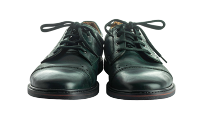 Two leather shoes, dark green, displayed facing forward. Each laced up, showing eyelets, stitching, and soles