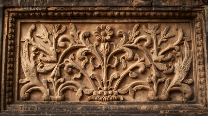 Close Up of Ancient Stone Floral Relief Carving on Historical Temple Wall