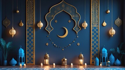 Elegant Ramadan Wall Decoration with Crescent Moon and Golden Lanterns