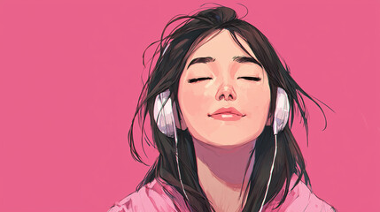 ヘッドフォンで音楽を聞く女性をYouTube動画サムネイル用にアニメスタイルで描いたAI生成画
