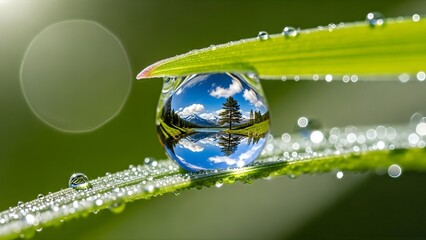 Reflection of a serene natural landscape in a dewdrop on a leaf.
