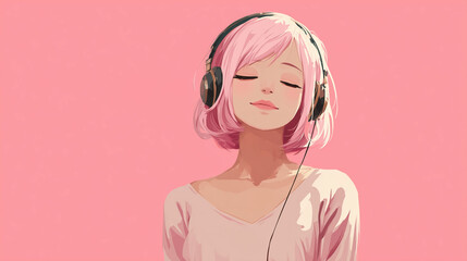 ヘッドフォンで音楽を聞く女性をYouTube動画サムネイル用にアニメスタイルで描いたAI生成画