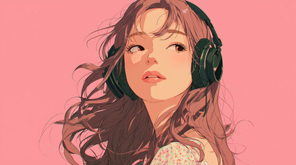 ヘッドフォンで音楽を聞く女性をYouTube動画サムネイル用にアニメスタイルで描いたAI生成画