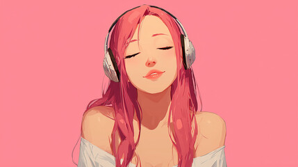 ヘッドフォンで音楽を聞く女性をYouTube動画サムネイル用にアニメスタイルで描いたAI生成画