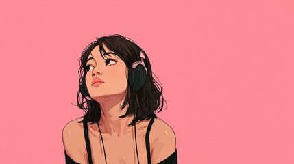 ヘッドフォンで音楽を聞く女性をYouTube動画サムネイル用にアニメスタイルで描いたAI生成画