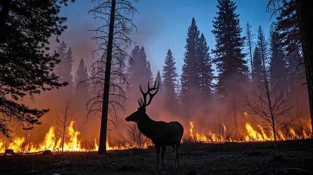 Deer watching devastating forest fire burning at twilight