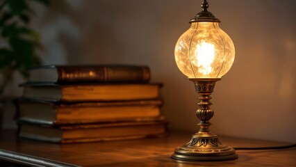 Elegant antique table lamp with warm glowing light and vintage glass shade, placed among old books and classic decor. Cozy nostalgic atmosphere with timeless interior style and soft illumination