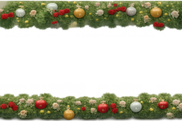 Christmas border with green moss, red and pink roses, festive ornaments, and yellow accents framing a transparent background