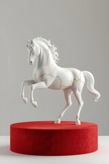 White Porcelain Horse Statue with Gold Kintsugi Cracks Standing on Red Pedestal