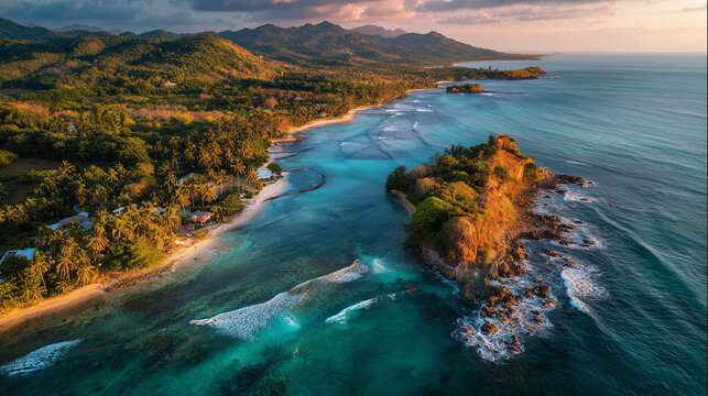 Breathtaking Aerial View Of Tropical Coastline With Palm-Fringed Beach And Rocky Island - Powered by Adobe