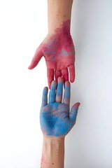 Conceptual Shot of Two Hands Covered in Blue and Pink Paint Powder Reaching for Each Other