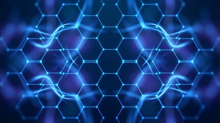 an abstract digital background showcases a vibrant blue hexagonal grid pattern with glowing swirling lines connecting the nodes creating a futuristic network