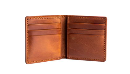Open, flat-lay view of a brown, handcrafted leather wallet showcasing multiple card slots and stitched edges against a black background